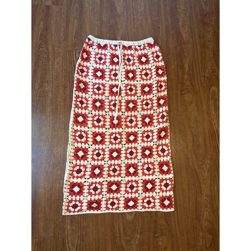 Cotton On Red Granny Square Knit Maxi Skirt Drawstring waist Size S/M NWT